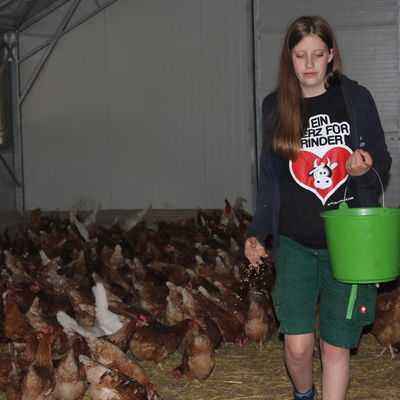 Anna Ohrndorf f�ttert die H�hner im Stall.