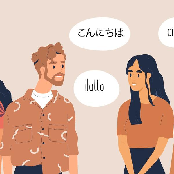 Multilingual greeting flat vector illustration. Hello in different languages. Diverse cultures, international communication concept. Native speakers, friendly men and women cartoon characters.