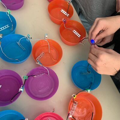 Mit Hilfe der Galvanischen Zelle untersuchen die Sch�lerinnen und Sch�ler, wann die LED am hellsten leuchtet. Woran liegt's?