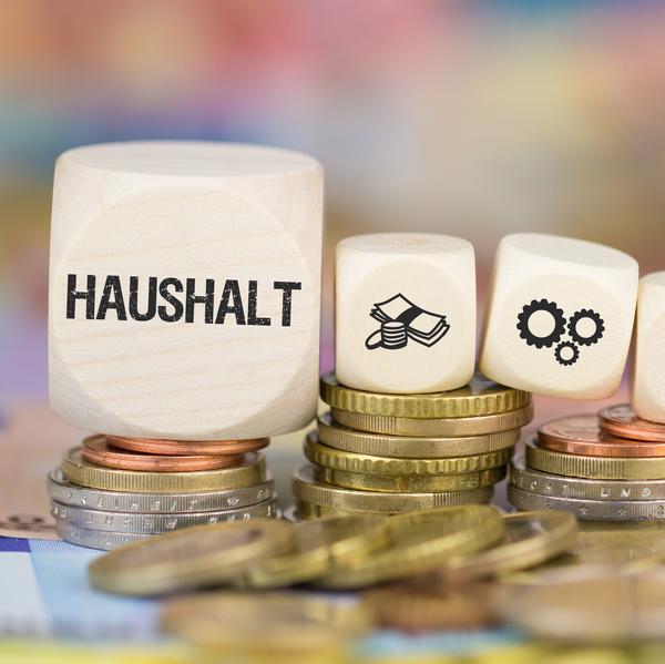 Ein gro�er Holzw�rfel, auf dem "Haushalt" steht, liegt auf mehreren aufeinander gestapelten Geldm�nzen. Daneben liegen weitere, kleinere Holzw�rfel ebenfalls auf aufeinander gestapelten Geldm�nzen. Auf einem der kleinen W�rfel sind Geldscheine und -m�nzen gedruckt. Auf einem anderen kleinen W�rfel sind drei unterschiedlich gro�e Zahnr�der abgebildet.