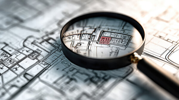 Urban planner examines map with magnifying glass concept. Magnifying glass focusing on a detailed architectural blueprint.